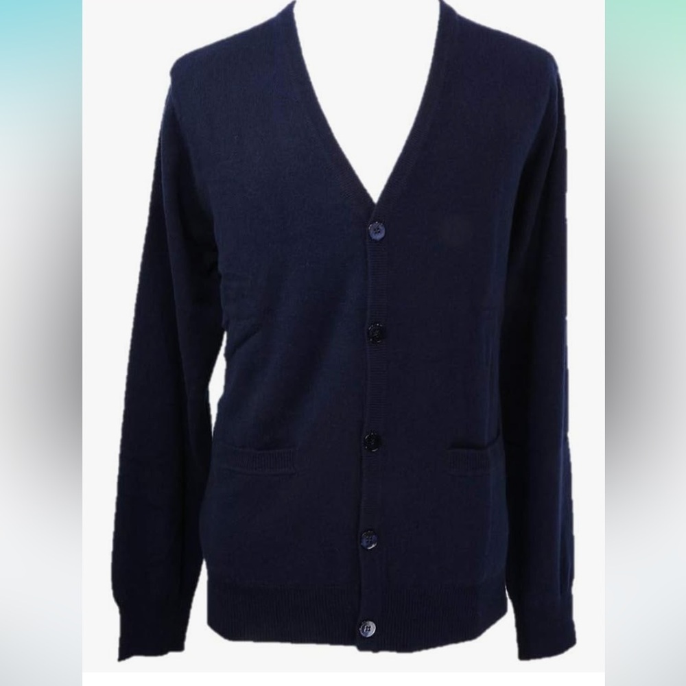 Shephe-men’s-L-navy blue-100% cashmere, button down, preppy, cardigan sweater.